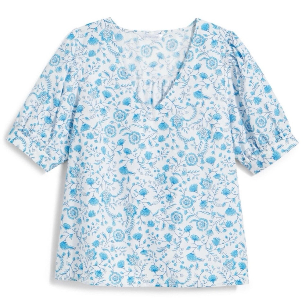 Draper James Blue and White 3/4 Sleeve Boxy Blouse